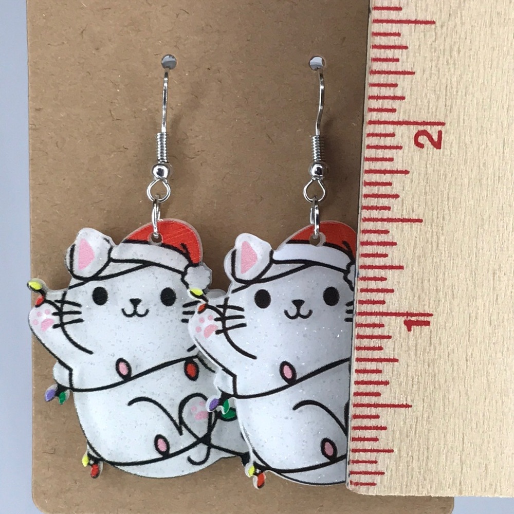 Festive Christmas Cat Earrings with Light Accents Sparkling Acrylic - Picture 2 of 2